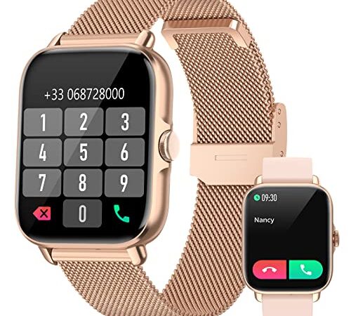 NAIXUES Smartwatch Mujer con Llamada Bluetooth, 2022 1,7'' Reloj Inteligente Mujer con Asistente de Voz, 28 Modos de Deportes Reproductor de Música, Pulsómetro, SpO2, Smartwatch para Android iOS Oro