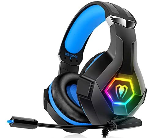 Cascos Gaming, Auriculares Gaming Con Micrófono Rotatorio, Luz RGB, Premium Stereo, Orejeras Ligero Cómodo, Para PS4 PS5 Xbox PC Switch Tableta Laptop