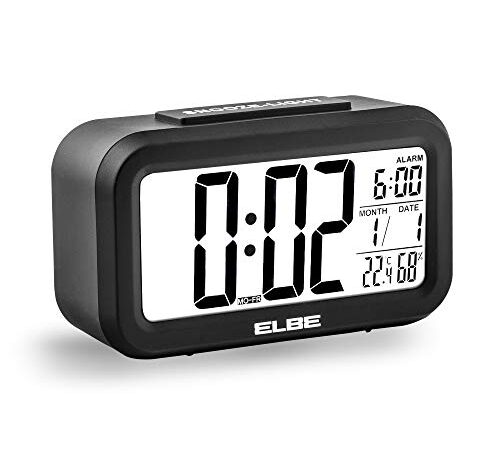 Elbe RD-668-N Reloj despertador con termómetro, adecuado para viajar, display LCD 4,4'', función snooze, pantalla con luz, alarma, temperatura y humedad, color negro