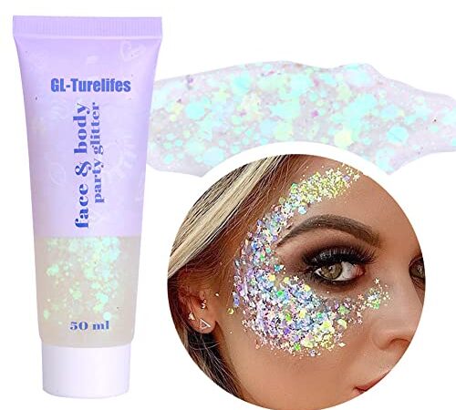 GL-Turelifes Chunky Glitter Gel Glitter Body Gel Festival Glitter Cosmético Cara Cabello Uñas Maquillaje Sirena Lentejuelas Sombra de ojos líquida Larga duración Espumoso 50ml (#06 Blanco)