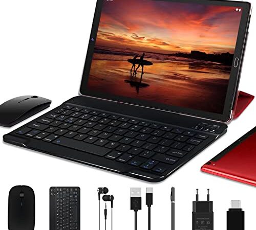GOODTEL Tablet 10 Pulgadas 4GB RAM + 64GB ROM, Android 11 Google GMS, WiFi, Bluetooth, Batería 8000mAh, Dual Cámara 5MP + 8MP, SD Slot 4-256GB, con Funda, Teclado y Ratón, Rojo