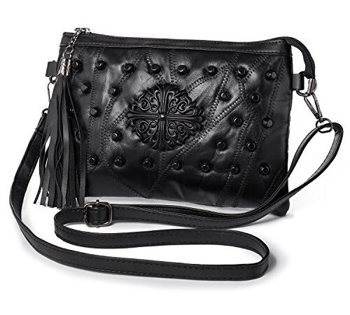 LaRechor Bolso Bandolera Mujer Pequeño Bolso de Mano con Remache y Borla Bolso de Hombro de Noche, Asa y Correa, Negro