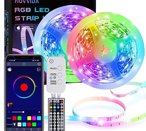 15M Tiras LED RGB 5050 Música, HOVVIDA Bluetooth Luces de Tiras LED 12V para Habitación, Controladas por APP, IR Control Remoto y Controlador, 16 Milliones de Colores, 28 Estilos, Modo de Horario