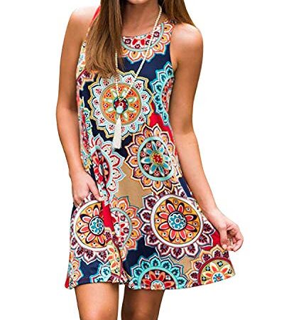 Abravo Mujer Vestido Estampado Floral sin Mangas Vestido Casual Corto Playa con un Bolsillo,Azul Marino,M