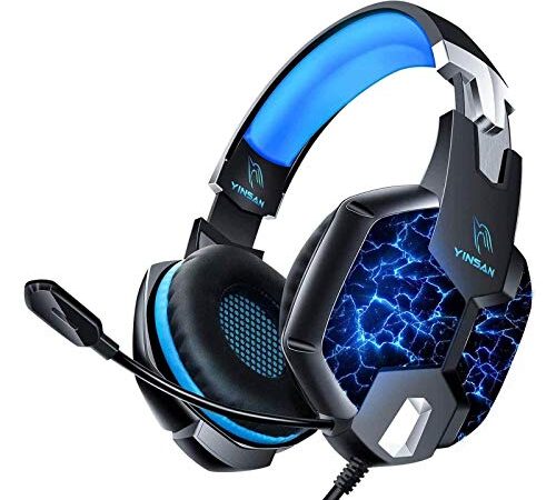 Auriculares Gaming PS4, YINSAN Cascos Gaming Premium Estéreo con Micrófono, 7 Luces LED y Orejeras de Memoria Suave, Gaming Headset con Control de Volumen para PC/Xbox One/Nintendo Switch/Móvil/Mac