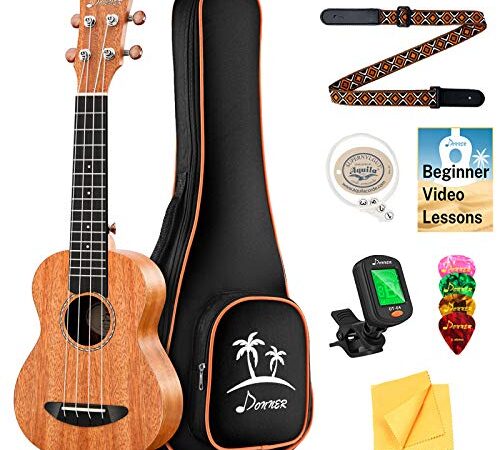 Donner Soprano Ukelele Para Principiantes Ukulele Caoba Kit 21 Pulgadas Niño Adulto con Afinador Cuerda Correa con Online Inglés Lección