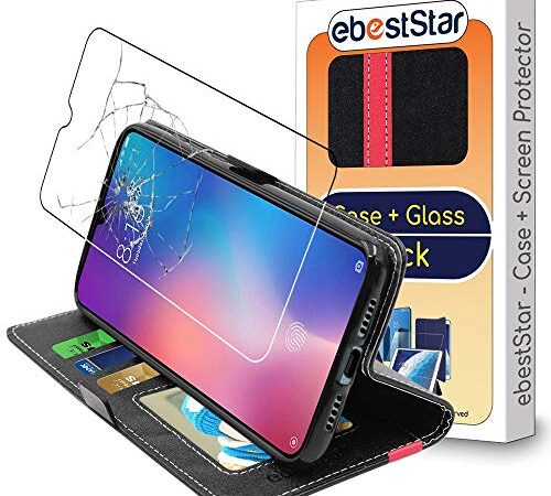 ebestStar - Funda Compatible con Xiaomi Mi 9 Carcasa Cartera Cuero PU, Funda Libro Billetera Ranuras Tarjeta, Función Soporte, Negro/Rojo + Cristal Templado [Mi 9: 157.5 x 74.7 x 7.6mm, 6.39'']