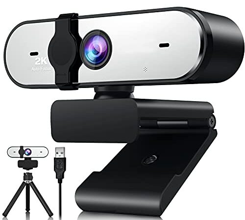 ElecEye, Webcam con microfono para PC 2k, enfoque automático, cámara web con privacidad, Plug and Play, para Mac Windows PC, videollamadas, videollamadas de juegos, conferencias, negro mate