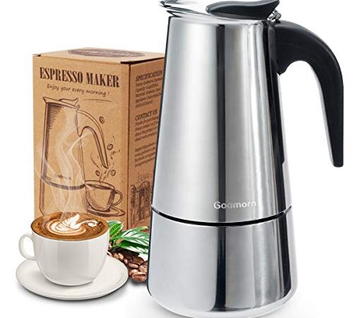 Godmorn Cafetera Italiana,Cafetera espressos en Acero inoxidable430,6 Tazas(300ml),Conveniente para la Cocina de inducción,Cafetera Moka Clásica,Plata, Uso Doméstico y en la Oficina.