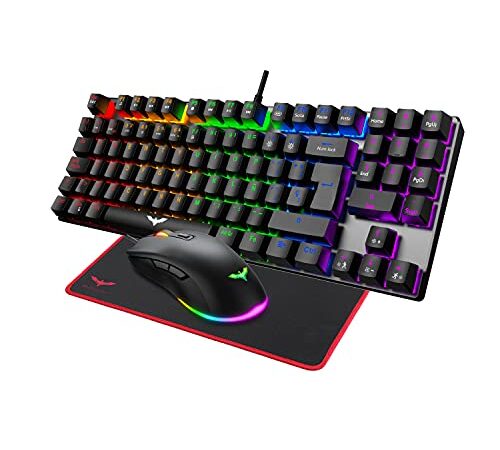 havit Teclado Mecánico Gaming con LED Iluminación, Teclados español Formato 60% con RGB Ratón Gaming programables, Alfombrilla Gaming, para PC, Gaming Netbook.