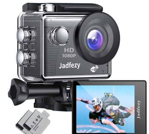 Jadfezy WiFi Cámara Deportiva Ultra HD 1080P, 12MP Action Camera con Gran Angula Lente, Cámara Subacuática Impermeable 30m/98pies con 2×1050 mAh Baterías y Accesorios Kit para Casco y Bicicleta, etc.