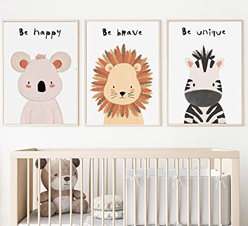 Kolorix Set de Cuadros Infantiles para habitación bebé Láminas Infantiles de Animales. Juego de 3 láminas para Cuadros Infantiles DIN A4. Poster de Animales, Safari para decoración Infantil.