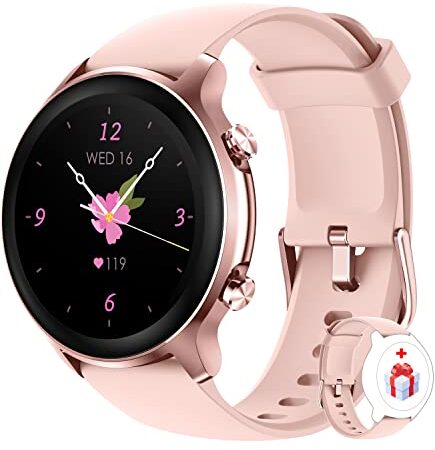 Loddery Smartwatch, Reloj Inteligente Mujer Impermeable 5ATM con Oxímetro(SpO2), 1.3" Pantalla con Medición de estrés, Pulsómetro, Sueño, Podómetro, Pulsera de Actividad para Android iOS(2 Correas)