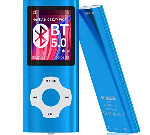 MYMAHDI Reproductor de MP3 / MP4 Bluetooth 5.0 con Tarjeta de Memoria de 32GB, Pantalla LCD de 1.8 Pulgadas, soporta hasta 128GB, Video/grabación de Voz/Radio FM, Lector de Libros