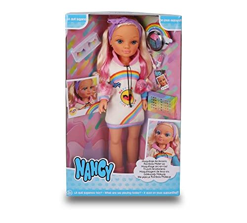 Nancy - Maquillaje de Arcoiris, muñeca para maquillar, tiene el pelo rubio con mechas rosas ara hacerle peinados, con muchos accesorios de peluquería, sombras de ojos y pegatinas, Famosa (700017110)