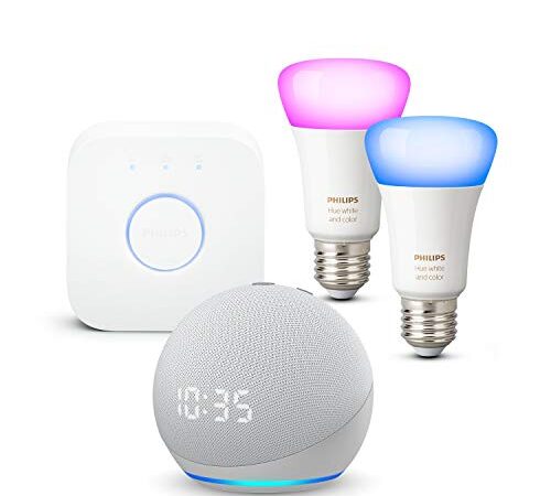 Nuevo Echo Dot (4.ª generación) con reloj, Blanco + Philips Hue Bombilla Inteligente Starter Kit (2x E27), compatible con Alexa