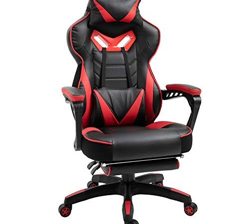 Vinsetto Silla Gaming Ergonómica Silla de Escritorio de Oficina Regulable en Altura Reclinable Respaldo con Reposapiés Reposacabezas Cojín Lumbar Ruedas 65x70x118,5-128,5 cm Rojo