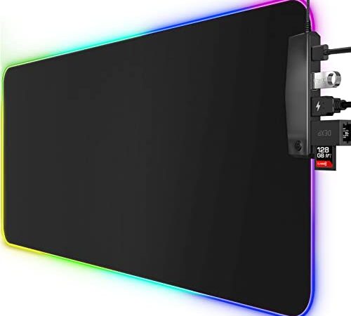 Alfombrilla Ratón Gaming, Alfombrilla Gaming RGB Grande XXL con 4 Puertos USB, 14 Modos de Luz, Base de Goma, Alfombrilla Ratón de LED Extendida y Plana para Velocidad y Control, 800 x 300x5mm