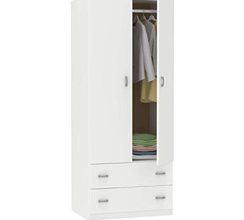 Armario Color Blanco Brillo 2 Puertas 2 Cajones Ropero Dormitorio Juvenil 74x180x50