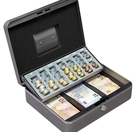 ARREGUI Cashier C9246-EUR Caja Caudales con Llave para Contar y Transportar Dinero | Caja de Seguridad de acero con bandeja organizador de Monedas y Billetes | Caja fuerte portatil | Gris grafito