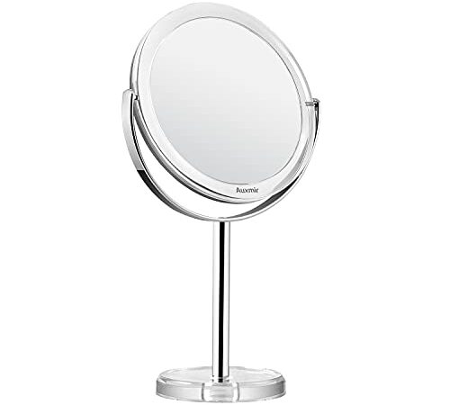 Auxmir Espejo de Maquillaje con Aumento 1X / 10X, Espejo Cosmético de Doble Cara, Espejo de Mesa con Rotación de 360° para Maquillaje, Afeitado y Cuidado Facial, Plata