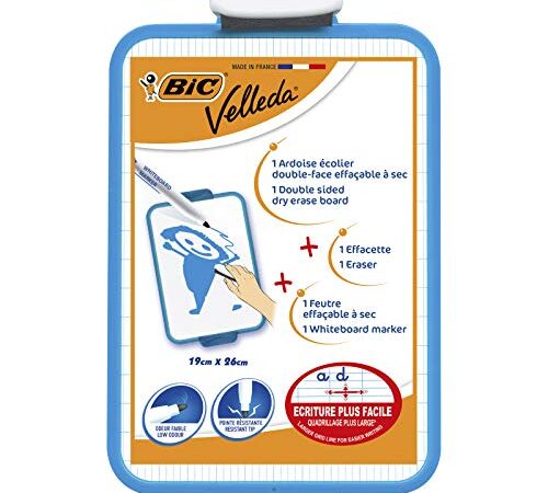 BIC Velleda Pizarra Blanca Pequeña de Borrado en Seco de Doble Cara con Rotulador Azul y Borrador, 19x26cm, Óptimo para material escolar