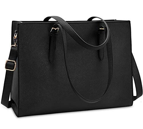 Bolso Mujer Bolsos Bandolera para Ordenador Portátil 15.6 Pulgadas Impermeable Bolsos de Mujer Cuero PU Universidad Shopper Bolsa Tote Negro