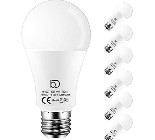 Bombillas Led E27 Luz Neutra 4500K, 9W equivalente a 90W, 900 Lúmenes, No Regulable - 6 unidades