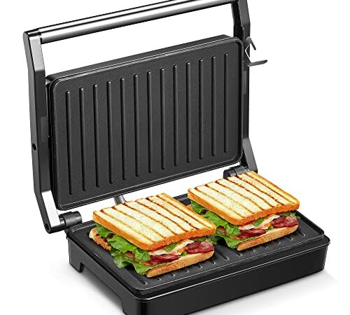 Cozeemax Parrilla de contacto para sándwiches, filetes y como parrilla panini, tostadora de 1000 W con revestimiento antiadherente, tostadora sándwichtoaster con mango aislante térmico, libre de bpa