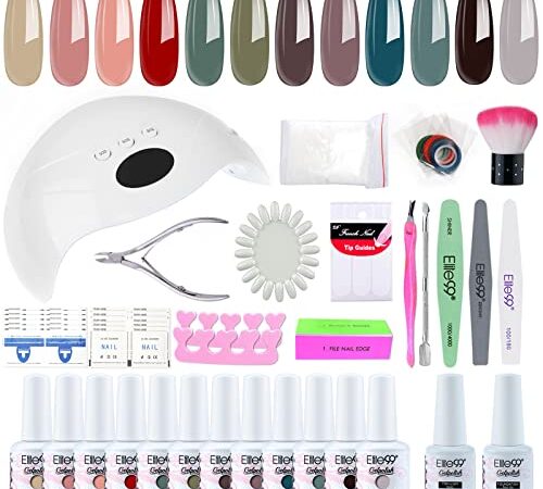 Elite99 Lámpara UV LED para Uñas 48w, 12 Colores Kit de Esmaltes Semipermanentes en Gel UV LED, Base y Top Coat, Removedor de Uñas 001