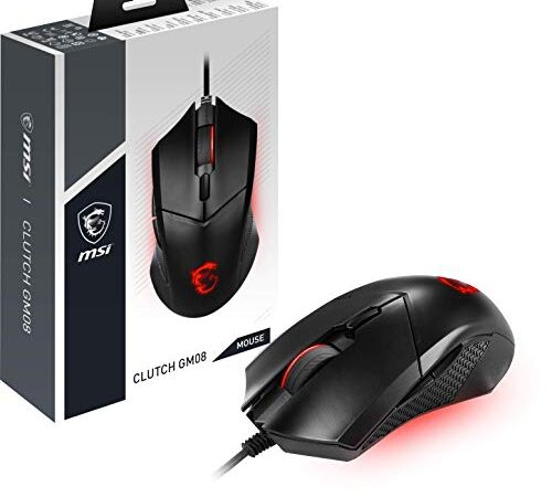 MSI Clutch GM08 - Ratón para Videojuegos (USB simétrico, LED Rojo, Sensor óptico Paw 3519, conmutador de hasta 10 ml de Clic, Sistema de Pesas modificables), Negro