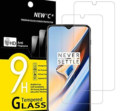 NEW'C 2 Piezas, Protector Pantalla para One Plus 6T, One Plus 7, Cristal templado Antiarañazos, Antihuellas, Sin Burbujas, Dureza 9H, 0.33 mm Ultra Transparente, Ultra Resistente