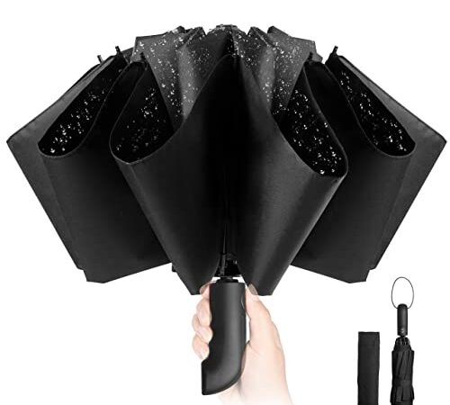 Paraguas Plegable Compacto – Paraguas invertido de Plegado Automático Negro a Prueba de Viento para Hombres y Mujeres, Revestimiento de Teflón 210T Abarca 105cm Paraguas Grande de 10 Varillas