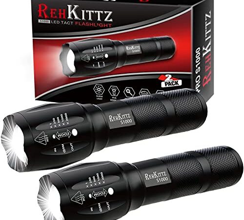 REHKITTZ Linternas Led Alta Potencia Super Brillante, Linterna(2 Piezas) con Zoom, 2000 Lúmenes Mini Linterna Portátil, Linternas con 5 Modos, Aluminio Linterna para Camping, Niños, Exterior