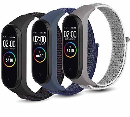 Wanme Correa Compatible para Xiaomi Mi Band 4 & Xiaomi Mi Band 3 Correa, Nylon Loop Pulseras de Repuesto para Xiaomi Mi Smart Band 4 & Xiaomi Mi Smart Band 3 (Arena Negro+Gris+Azul Marino)