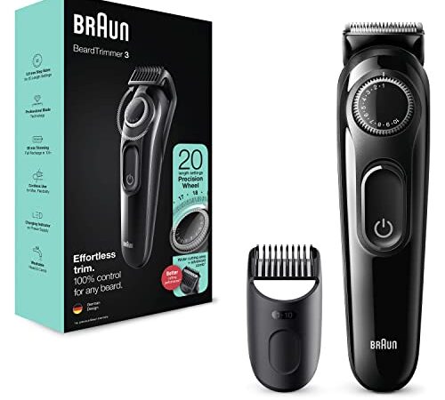 Braun Recortadora de Barba, Máquina Cortar Pelo, Cortapelos Hombre para Cara y Pelo con Láminas Afiladas de Larga Duración y Maquinilla Gillette, 20 Ajustes de Longitud, 3 BT3322, Negro