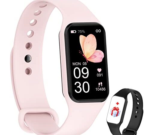 IOWODO Pulsera Actividad Mujer,Smartwatch Mujer con Oxímetro(SpO2) Tensiómetro Pulsómetro Sueño Podómetro,Reloj Inteligente con Notificación de Mensajes,Impermeable 5ATM para Android iOS(2 Correas)