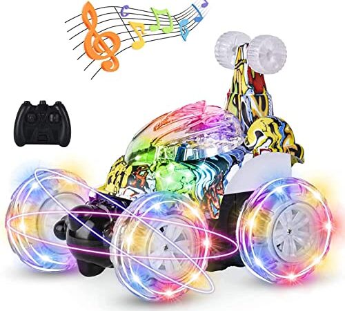 Kiztoys Voiture Télécommandée Tout Terrain, 4WD Voiture RC Rotation à 360 Degrés, 2.4GHz Voiture Radiocommandee, LED Lumière Avant et Arrière, Câble USB, Cadeaux pour Filles et Garçons