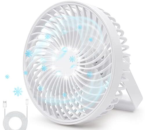 Mini Ventilador de Mesa Potente, COZII Ventilador USB Portatil con 4 Velocidades - Ventilador Silencioso Recargable Temporizador con Luces LED, Ventilador Pequeño para Hogar, Camping y Oficina