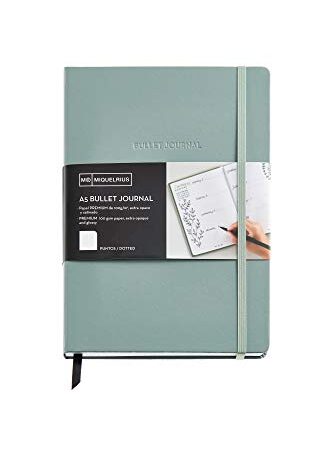 Miquelrius - Cuaderno de notas Bullet Journal, cubierta rígida símil piel y elástico de cierre, tamaño A5 148 x 210 mm, 96 hojas de 100 g/m², interior punteado Dots, color verde