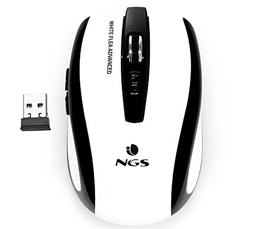 NGS Flea Advanced White - Ratón Óptico Inalámbrico 2.4GHz, Ratón USB para Ordenador o Laptop con 5 Botones y Scroll, 800/1600dpi, Blanco y Negro