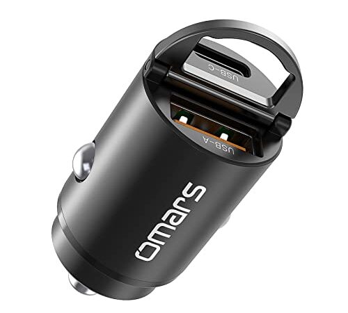 Omars Cargador de Coche USB, [USB C 33W + USB A 30W] 5A USB-A y USB-C Cargador de Coche de Carga rápida con Anillo de tracción, para iPhone12 Pro MAX Mini Samsung S21 Huawei LG iPad Airpods