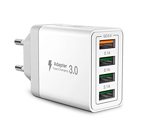 Xuduo Cargador USB,Quick Charger 3.0 33W/6A Enchufe USB Multiple con 4 Puertos, Cargador Móvil Carga Rapida para iPhone 12 11 XR,Samsung Galaxy S20 S10 S9 S8 Note10,Huawei P20 P10 P9,Xiaomi