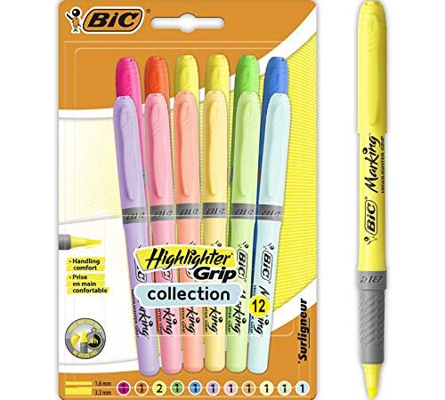 BIC Highlighter Grip Marcadores de Punta Biselada Regulable - Colores en Tonos Intensos y Pastel, Pack de 12