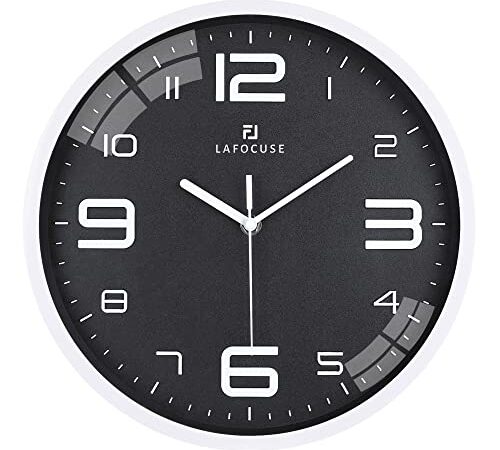 Lafocuse Reloj de Pared Negro Silencioso, Números 3D Grandes Reloj de Cuarzo, Moderno Interior Decorativos para Cocina Dormitorio Salon 30 cm
