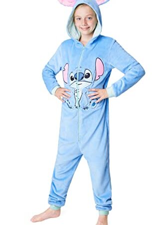 Disney Pijama de Una Pieza para Niñas Pijama Entero Niña de Polar Invierno Mono Pijama de Stitch Minnie Jack Skellington (Azul Stitch, 7-8 Años)