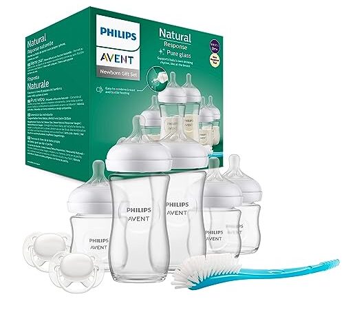 Philips Avent Natural Response: 3 biberones de 120 ml y 2 biberones de 240 ml, 2 chupetes Philips Avent ultra soft para bebés de 0-6 meses, cepillo para biberones, sin BPA (modelo SCD879/11)