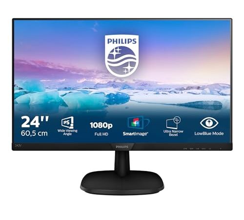 Philips Monitors - Monitor 243V7QDSB/00- 24", FHD, 75Hz, IPS, Flicker Free, (1920x1080, 250cd/m² VESA, DSUB, HDMI), Color Negro
