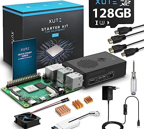Xute Raspberry Pi 4 Model B 4GB RAM Starter Kit con Tarjeta TF de 128 GB, Cortex A72 BT 5.0, Cable USB-C, Fuente de Alimentación, 2 x Cables HDMI, 3 x Disipadores Térmicos, 1 x Ventilador (4G+128GB)