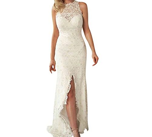 2022 Vestidos Largo para Mujer Elegante de Novia de encaje Fiesta de vestir de Cóctel de Noche Moda Slim Fit Cuello redondo con abertura